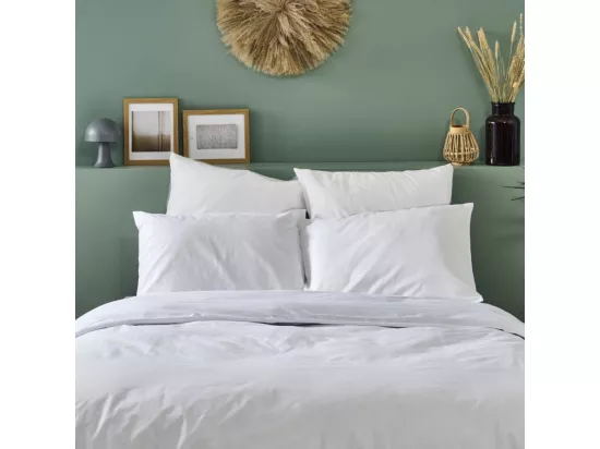 Parure de lit unie 2 personnes percale de coton : Housse 240x260cm+ 2 taie 65x65cm- Blanc