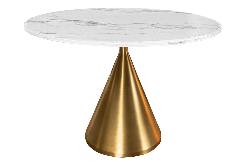 Runder Esstisch ELEGANCIA 130cm weiß Marmor gold Metall mit Säulenfuß