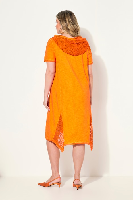 Jerseykleid, A-Linie, cold dyed, Kapuze, Stickerei-Einsätze, Halbarm