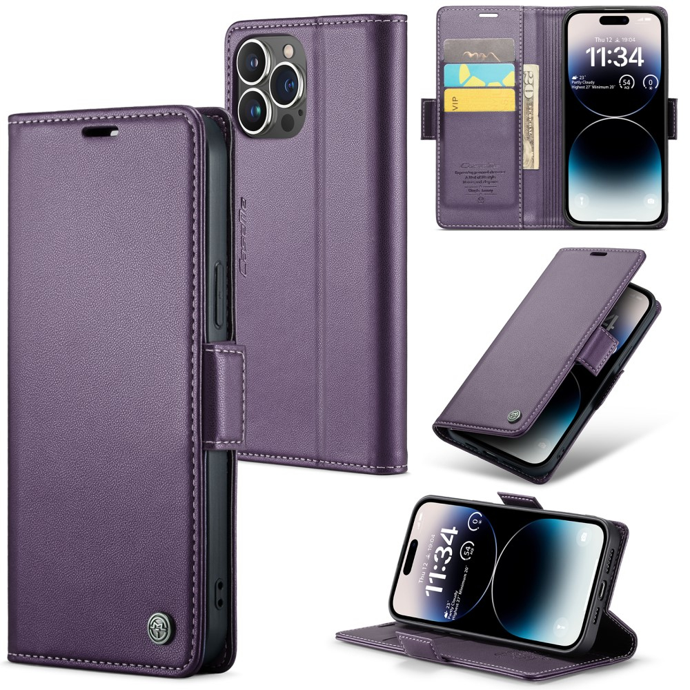 iPhone 14 Pro Max Leder Tasche Flip Wallet Etui mit Kartenfächern Litchi Look (RFID Schutz) - Violett