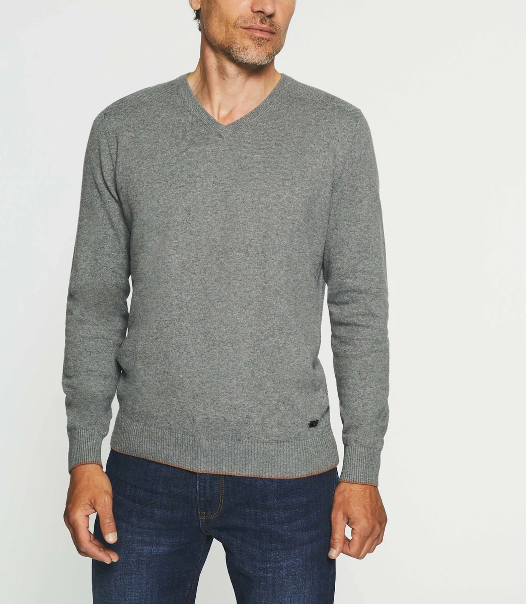 Pull col V en coton-cachemire gris chiné BRENT