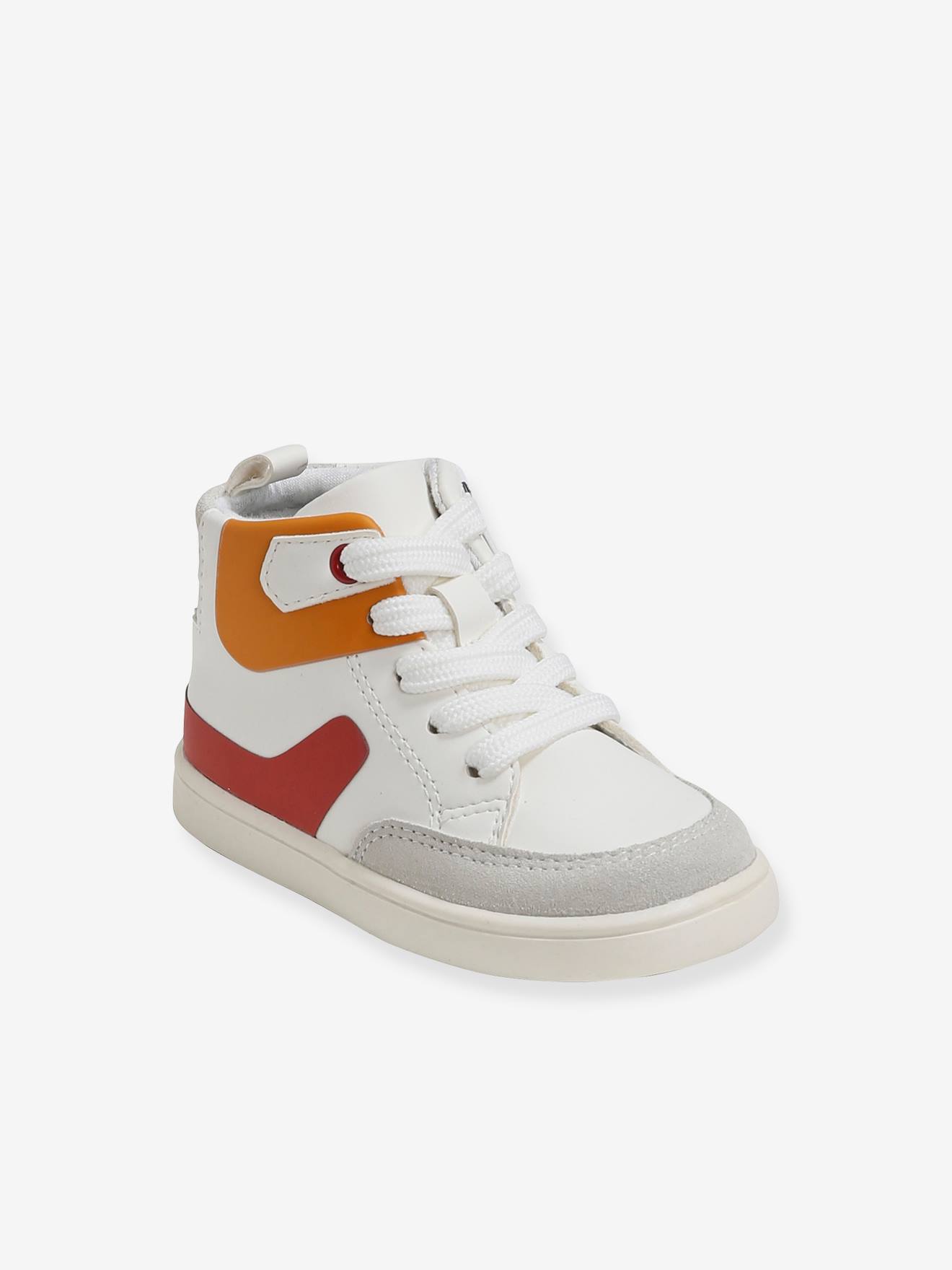 Tênis de cano alto para bebê menino, branco claro liso com estampas.