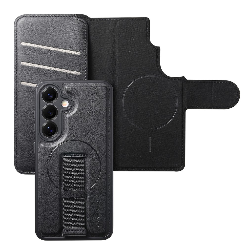 Samsung Galaxy S25 Leder Case Schutzhülle mit Finger Griff Halterung   Abnehmbare Tasche inkl. Kartenfächer MagSafe-Modul (RFID Schutz) - Schwarz