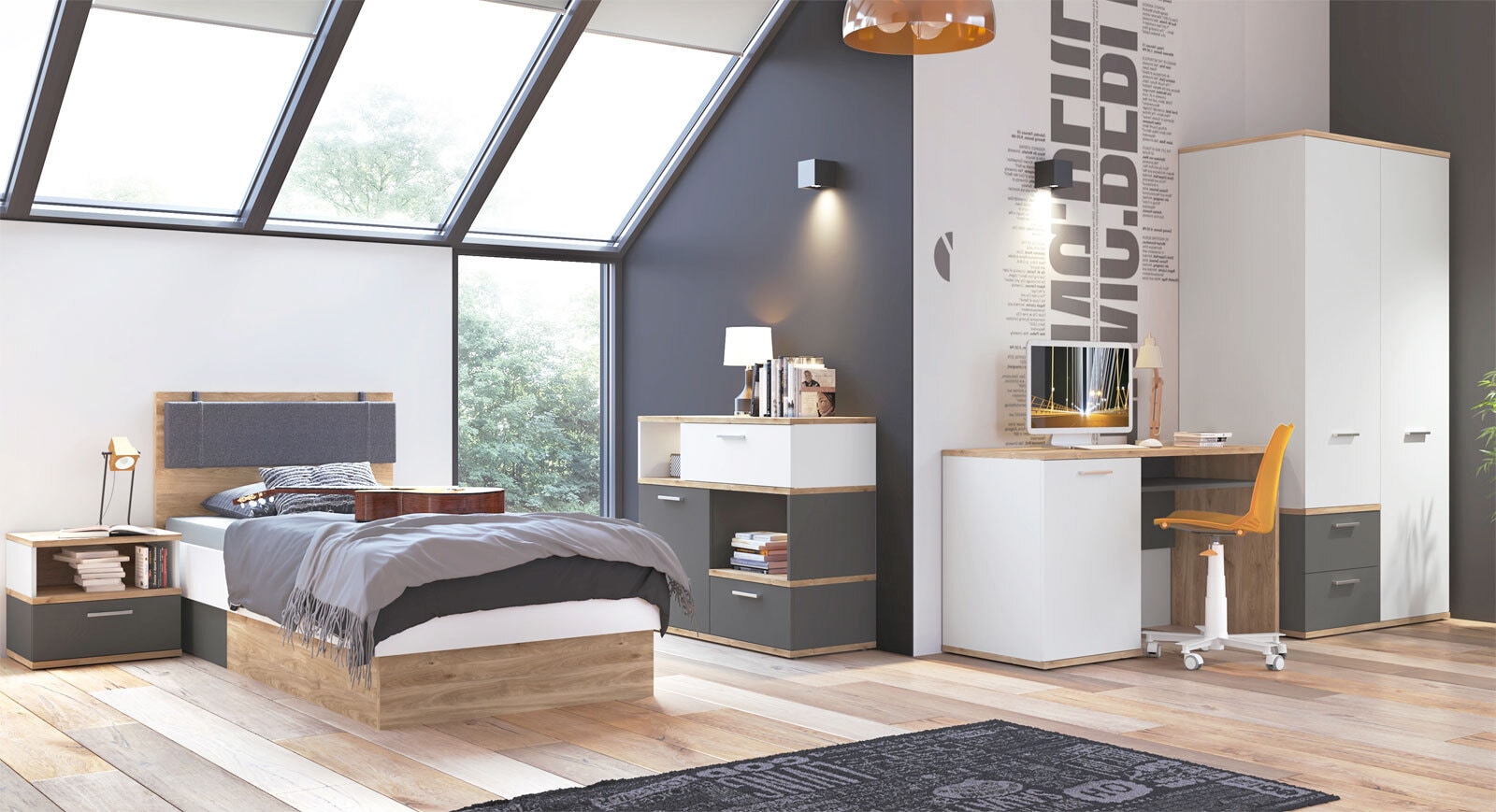 Schreibtisch Twenty Eiche Castello-Optik Weiß Graphit 130x74,5x50 cm