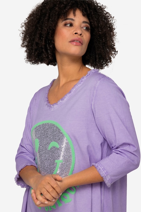 Longshirt, Smiley, Rundhals, Langarm, gerundeter Saum