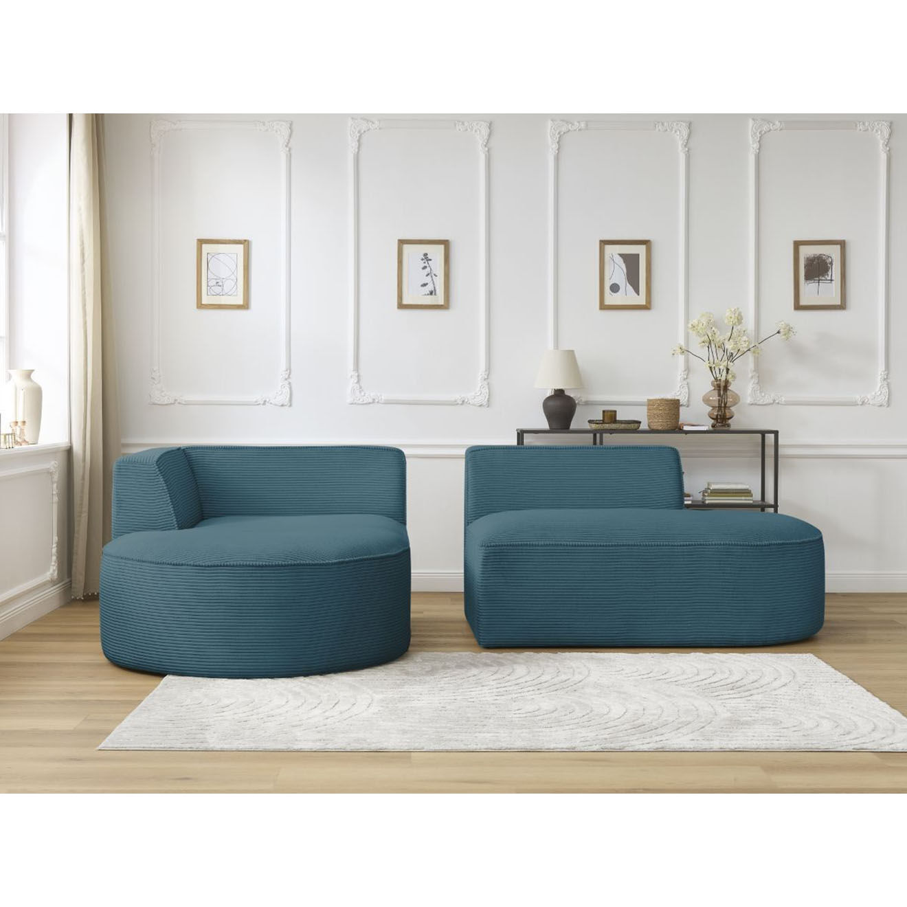 Bobochic Canapé d'angle droit fixe 4 places Rousseau texturé bleu foncé - 250x160x72 cm