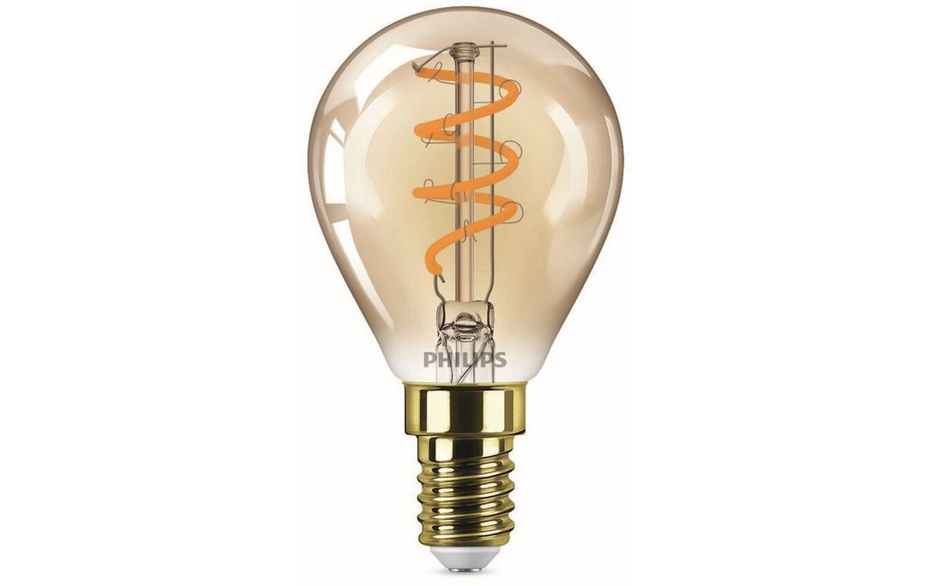 Lampe LEDcla 15W E14 P45 GOLD D WarmweissDekoratives LED-Leuchtmittel P45 mit sichtbarem Glühfaden und flammenfarbiger Farbtemperatur
