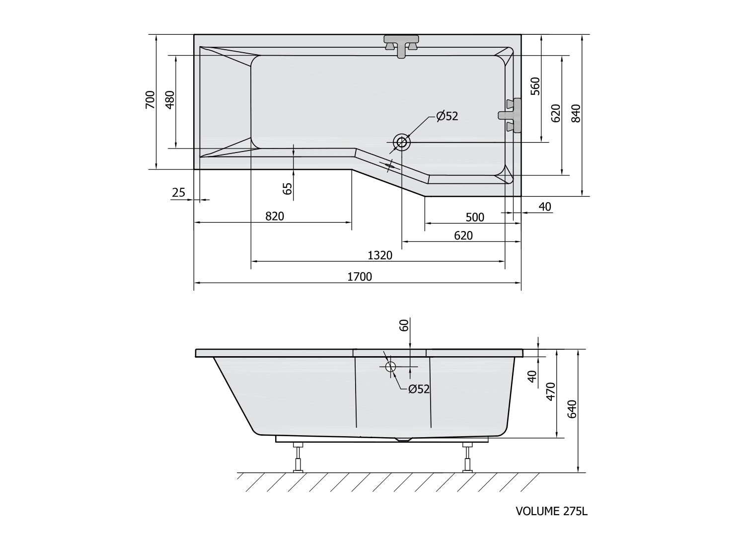 Polysan Versys asymmetrisch bad rechts 170x84x47cm wit