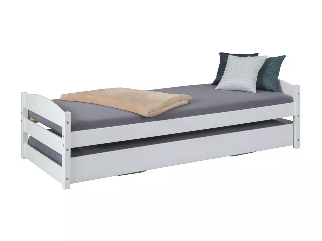 Lit gigogne relevable en bois massif blanc 90x200 - LT12009