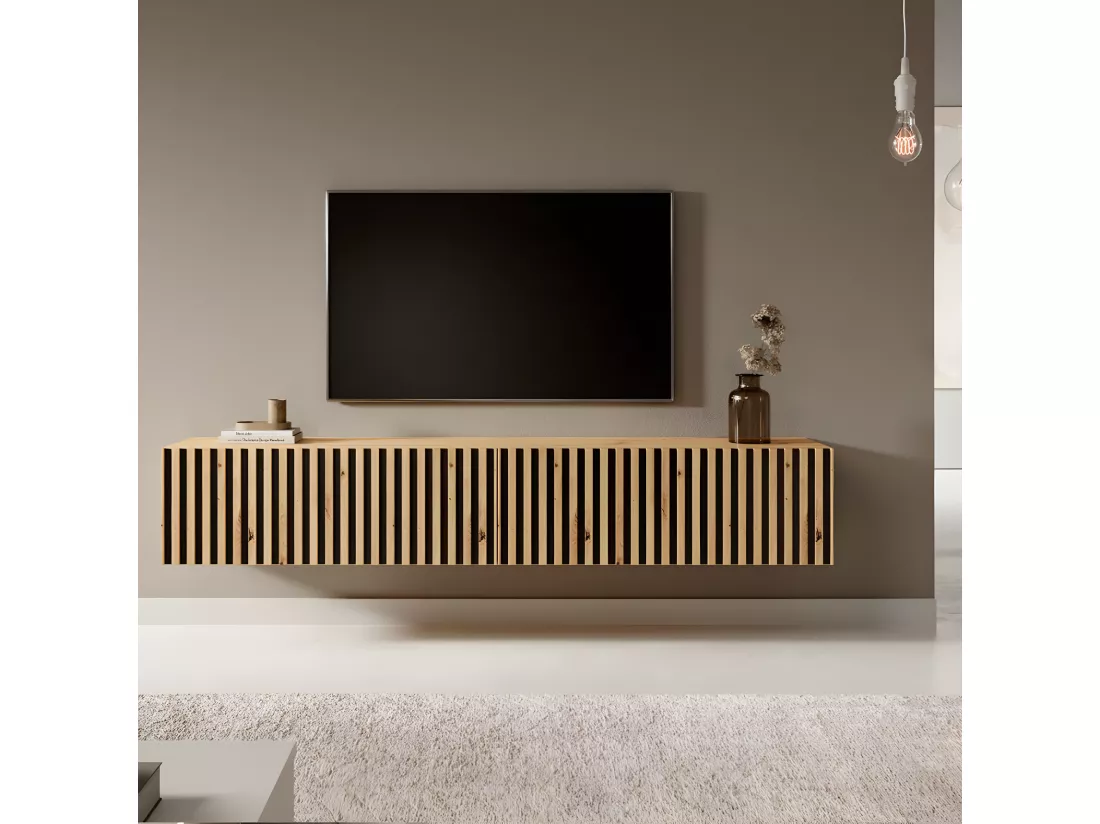 Meuble TV 175 cm - en chêne artisan avec façade fraisée et inserts noirs - TELIRE