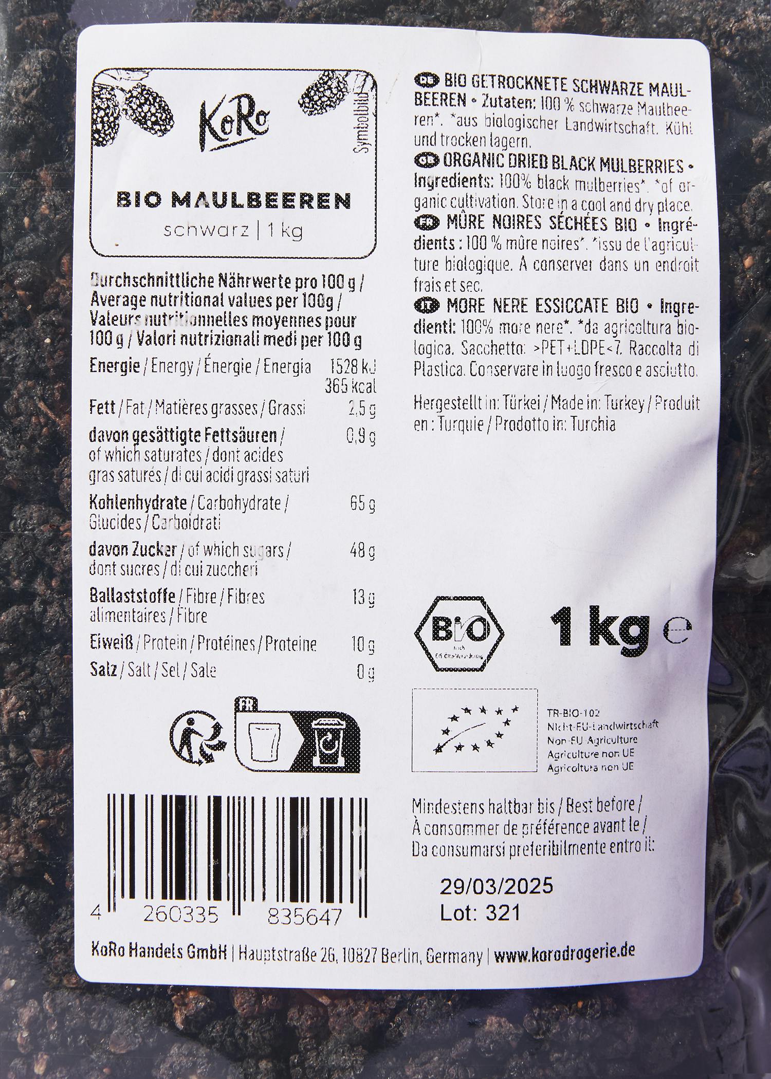 Schwarze Bio Maulbeeren 1 kg