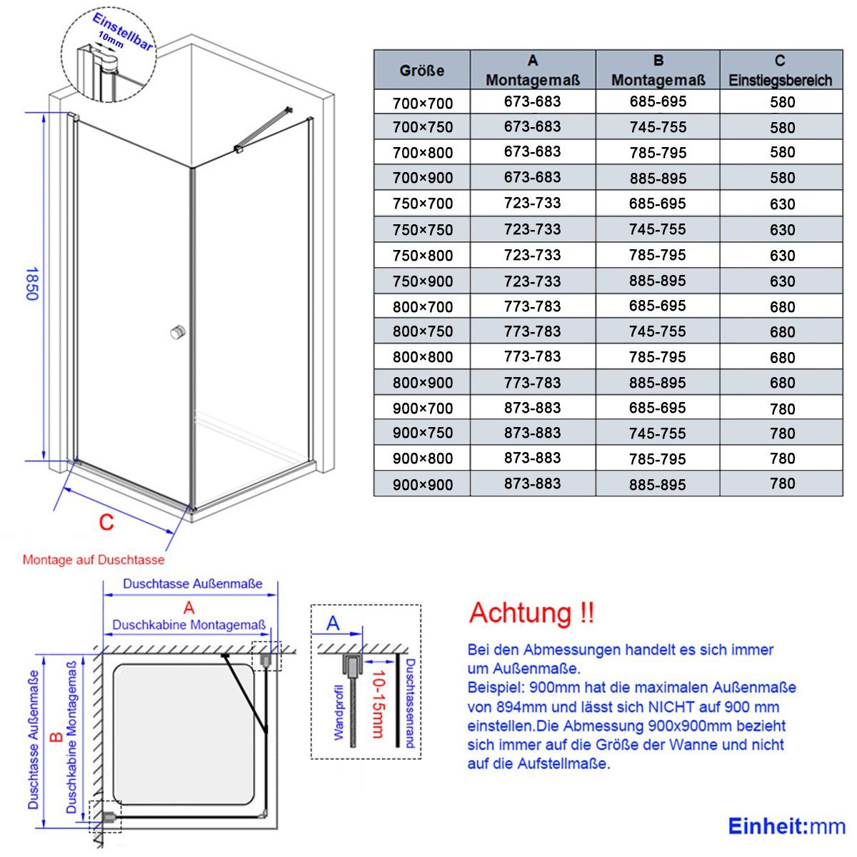 EMKE Hoekdouchecabine 75 x 80 cm met scharnierende deur en zijpaneel – 6 mm gehard veiligheidsglas, half omlijst, eenvoudig te reinigen, 185 cm hoog