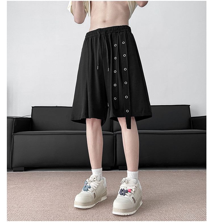 Whyessa - Mid Rise Plain Grommet Shorts
