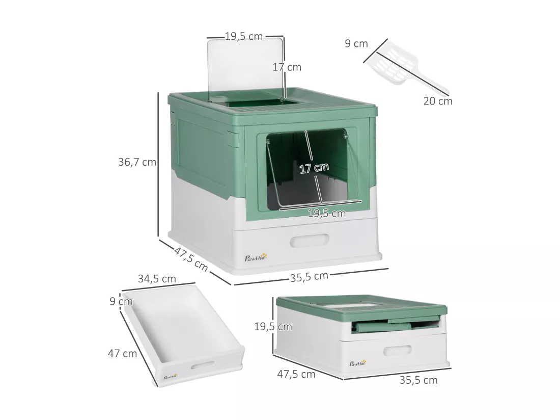 Maison de toilette pliable pour chat - tiroir à litière coulissant, porte battante et trappe transparente, pelle - blanc vert