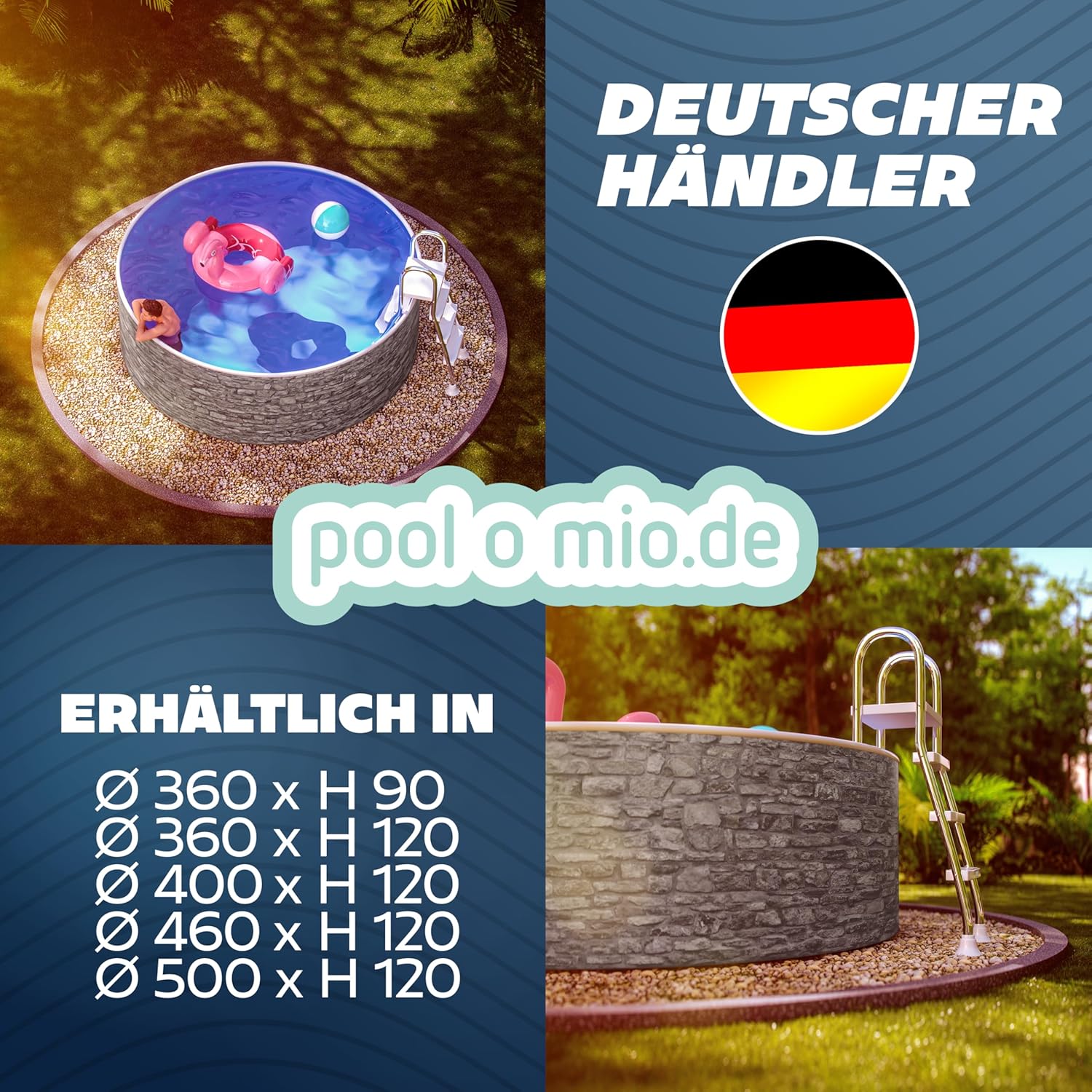 poolomio® Stahlwandpool rund 460 x 120 cm Steinoptik | Robuster Gartenpool als Aufstellbecken oder Einbaupool | Aufstellpool Komplettset mit Innenfolie 0,5 mm, Skimmer & Einlaufdüse
