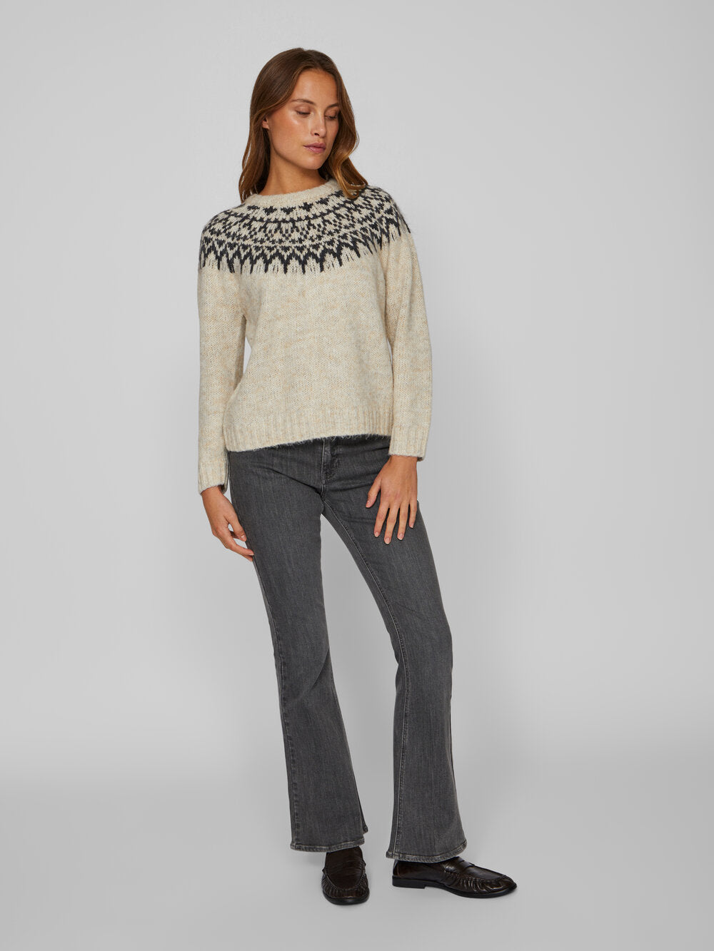 Vila  Viejla O-Neck L/S Jacquard striktrøje - Super Light Natural Melange