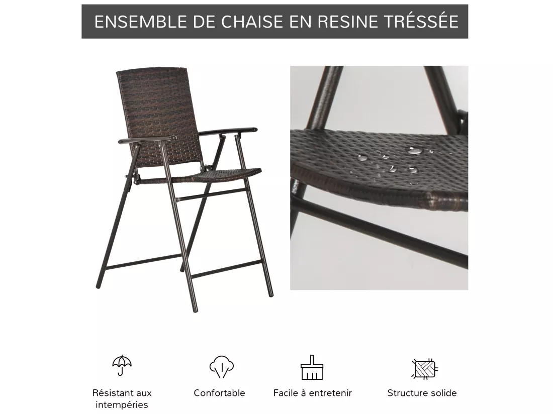 Tabourets de bar pliable style colonial - lot de 4 tabourets de bar - repose-pied + accoudoirs - métal époxy résine tressée chocolat