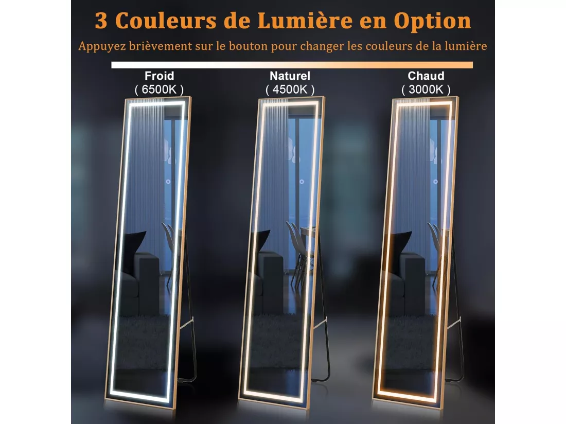 Miroir sur Pied Rectangulaire avec LED, Grand Miroir Mural avec Cadre en Aluminium 37x155 CM, Éclairage 3 Couleurs et Intensité Variable, Doré (Rectangulaire)