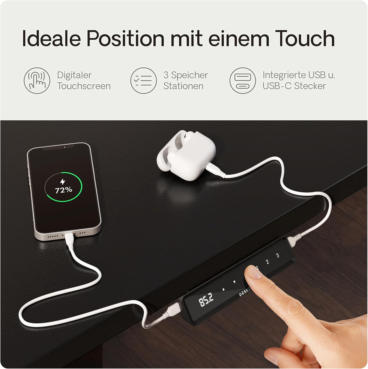 Desktronic Höhenverstellbarer Schreibtisch - Stehpult Tischgestell Elektrisch mit Touchscreen + Ladeanschlüssen - Höhenverstellbar