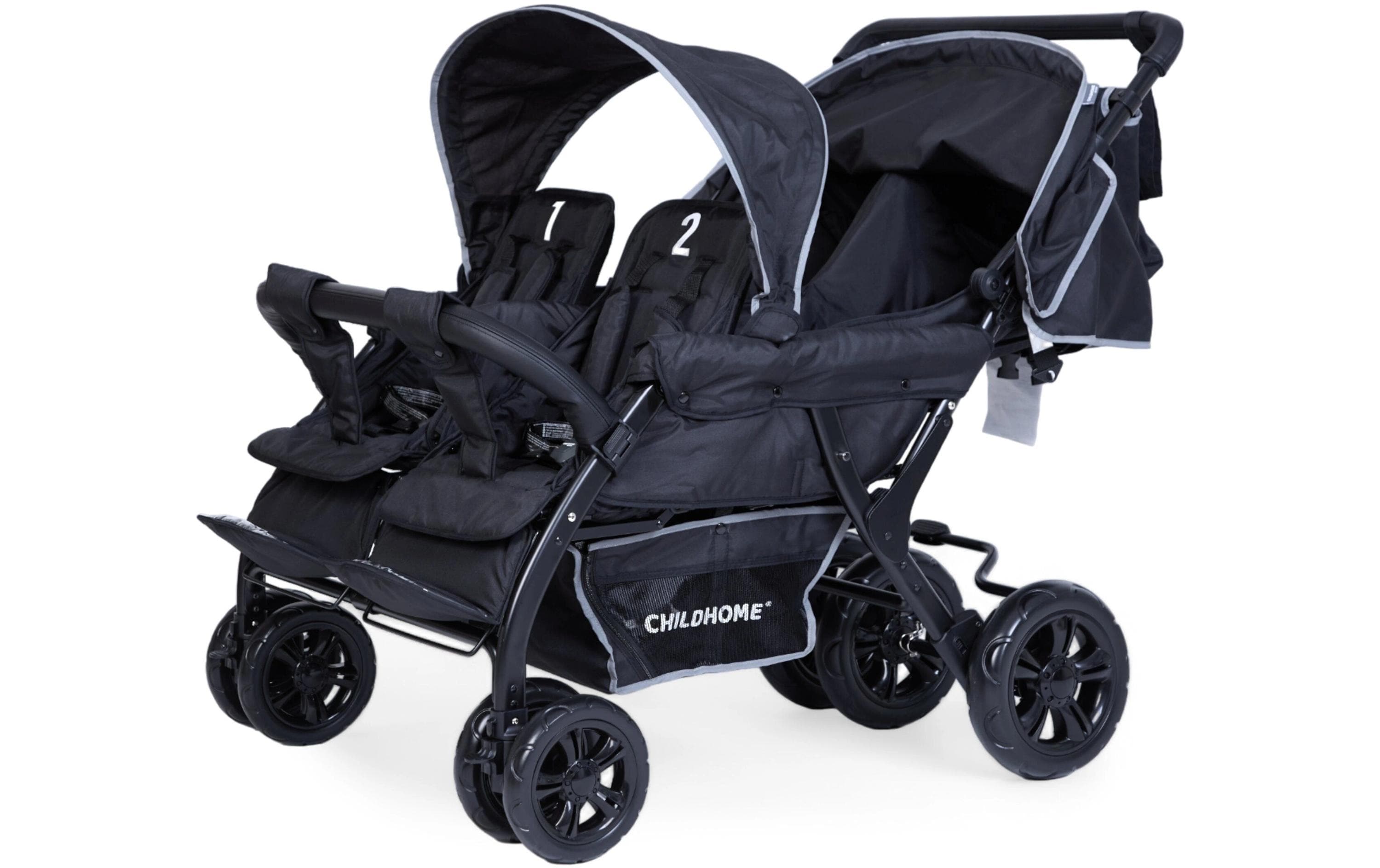 Mehrlingswagen Quadruple, Schwarz<br>Geschwisterkinderwagen mit Regenschutz und Sonnenschutz
