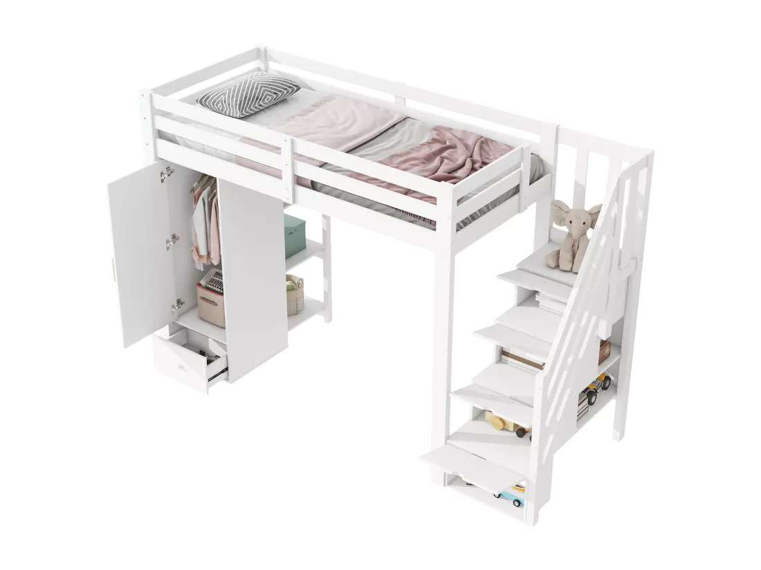 Lit mezzanine 90 x 200 cm avec armoire, 4 tiroirs et étagères de rangement - Pin + MDF - Blanc (sans matelas)