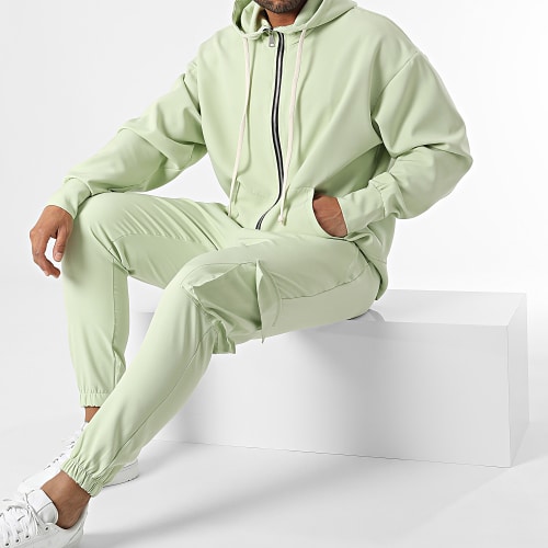 Ensemble De Survetement Sweat Zippé Capuche Et Pantalon Cargo Vert Clair