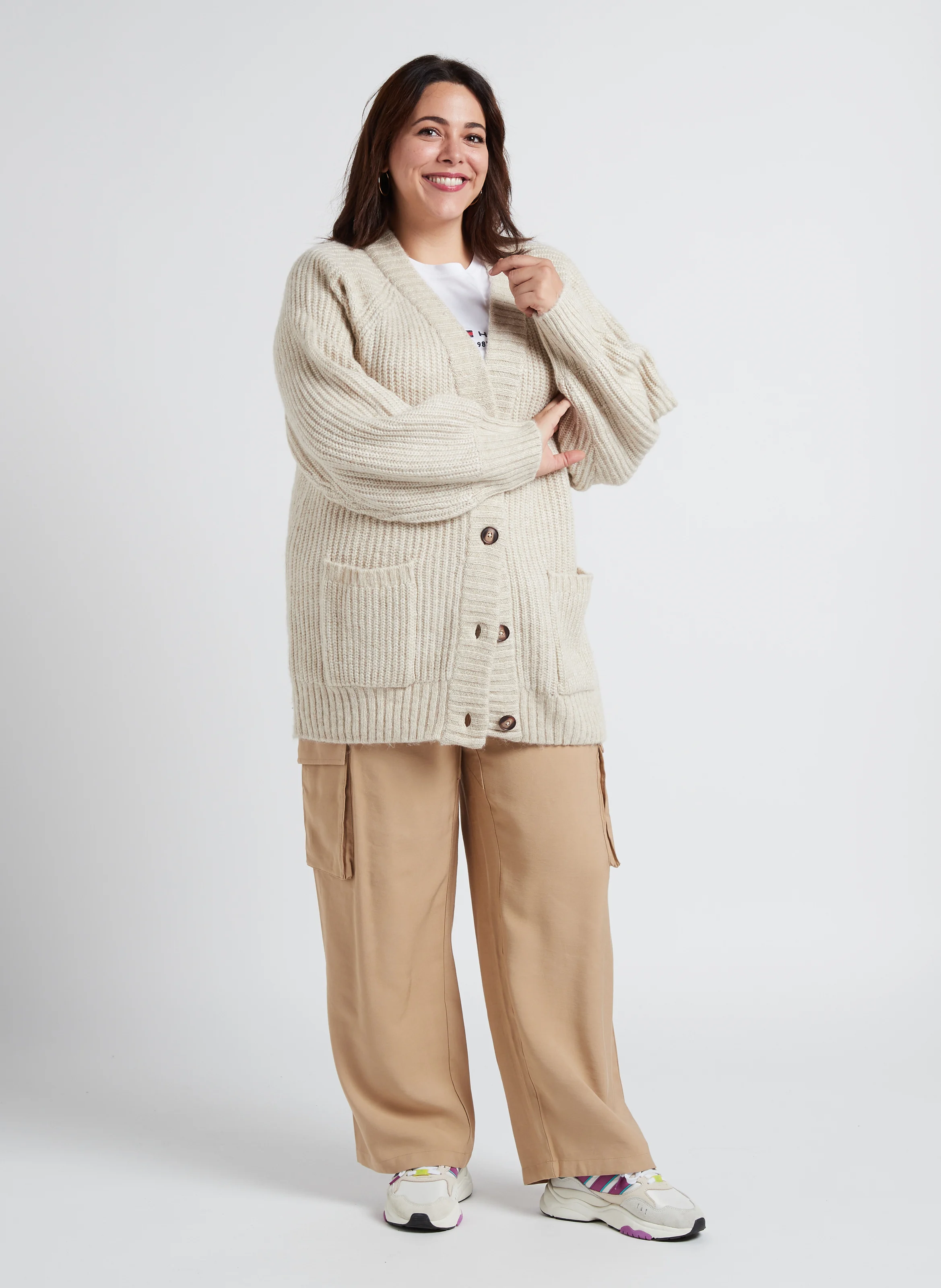 Cardigan oversize col V boutonné | Beige
