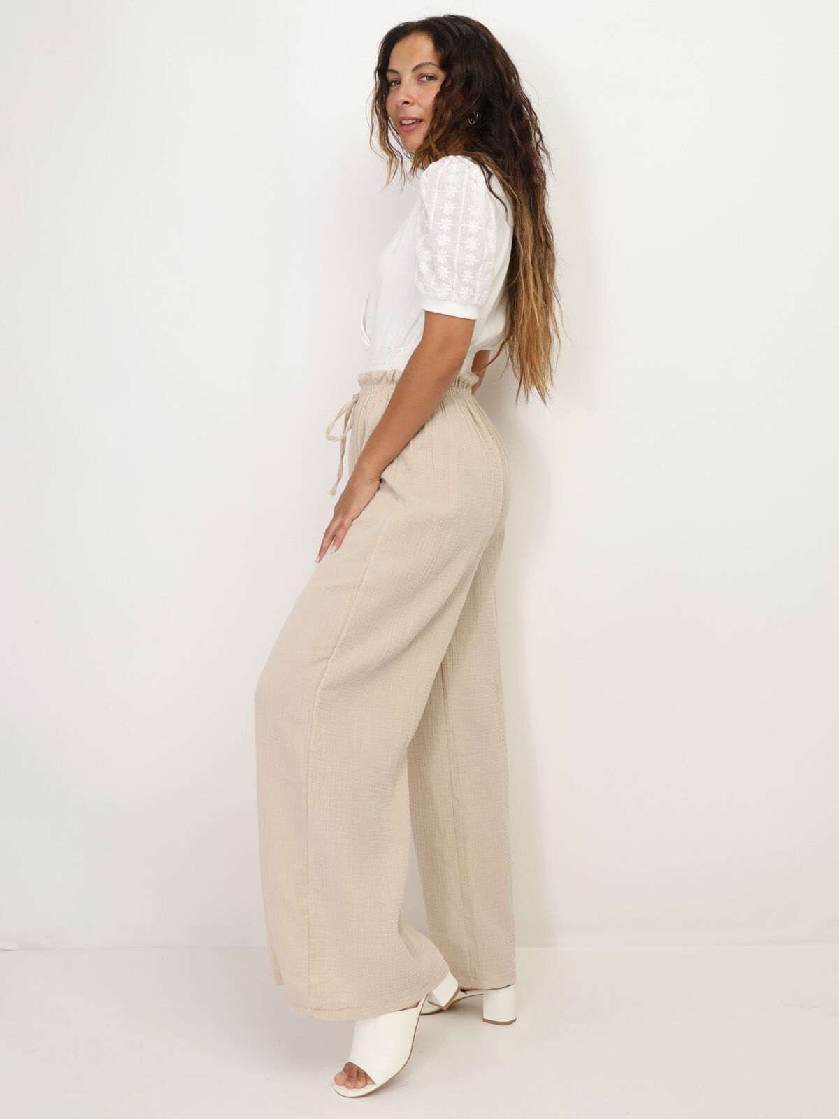 Pantalon ample texturé- Beige
