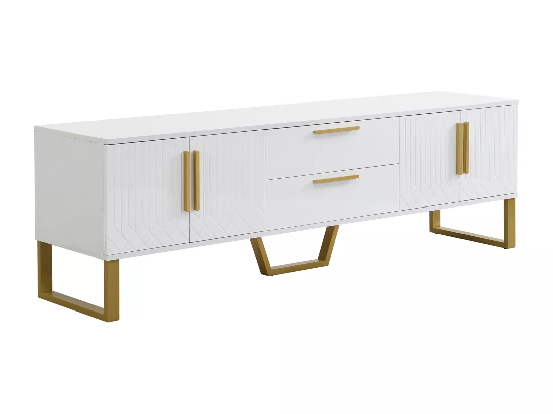 Meuble TV blanc brillant motif gravé avec poignées et pieds dorées 170*40*53cm YAURNUD WHITE