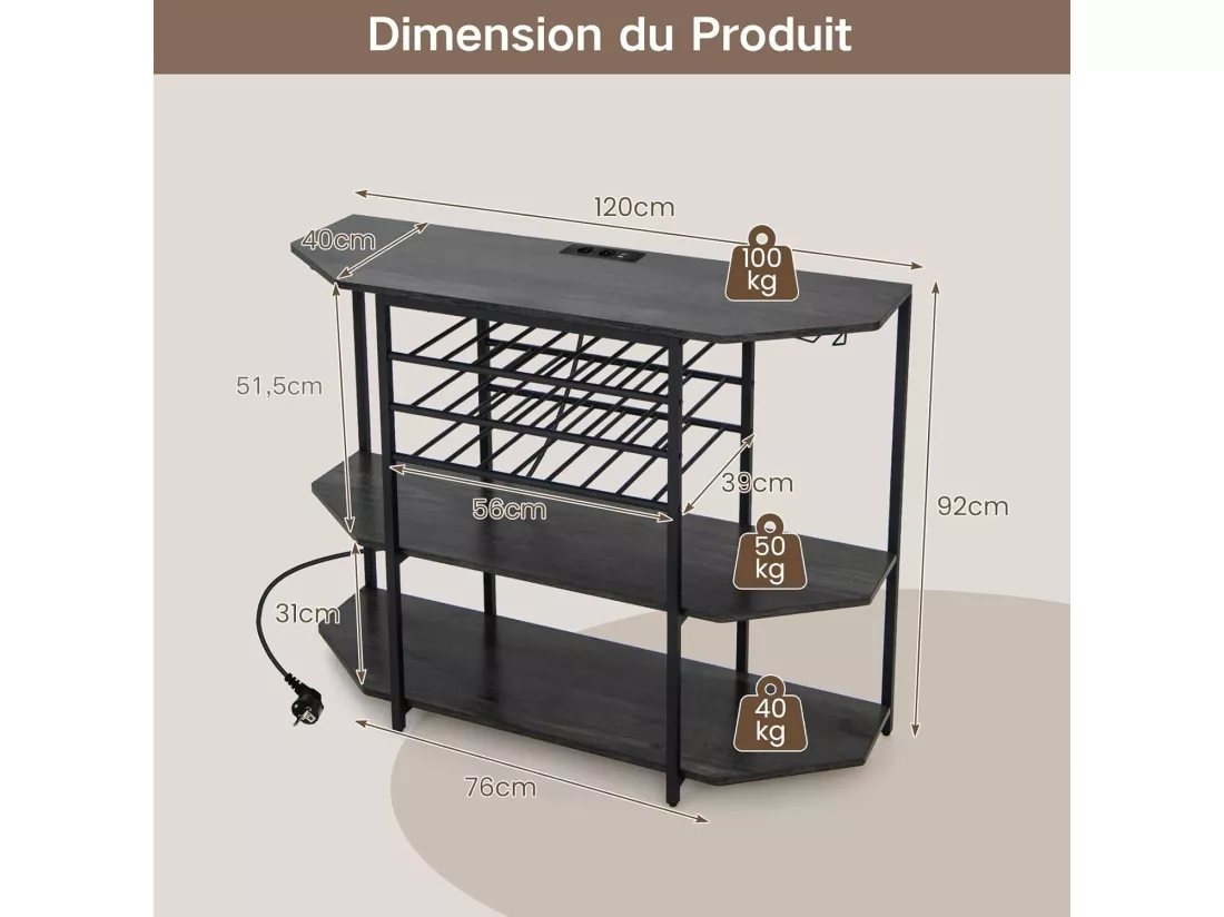 Bar à vin industriel, étagère à vin 21 bouteilles, prises de courant, 2 ports usb, gris