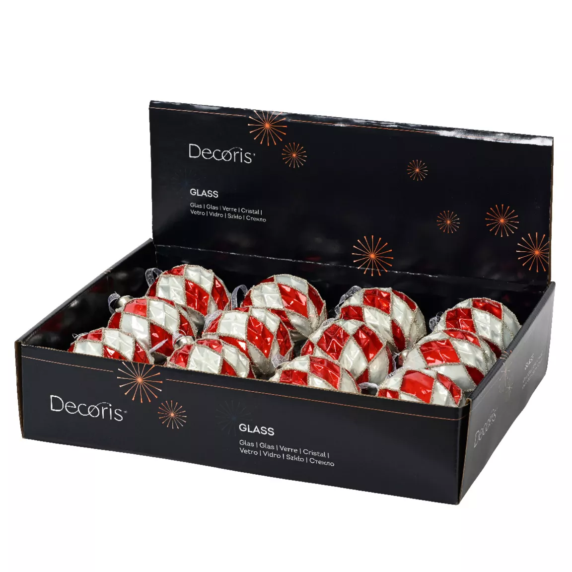 Lot de 12 boules de Noël en verre (D80 mm) Damiers Rouge et blanc