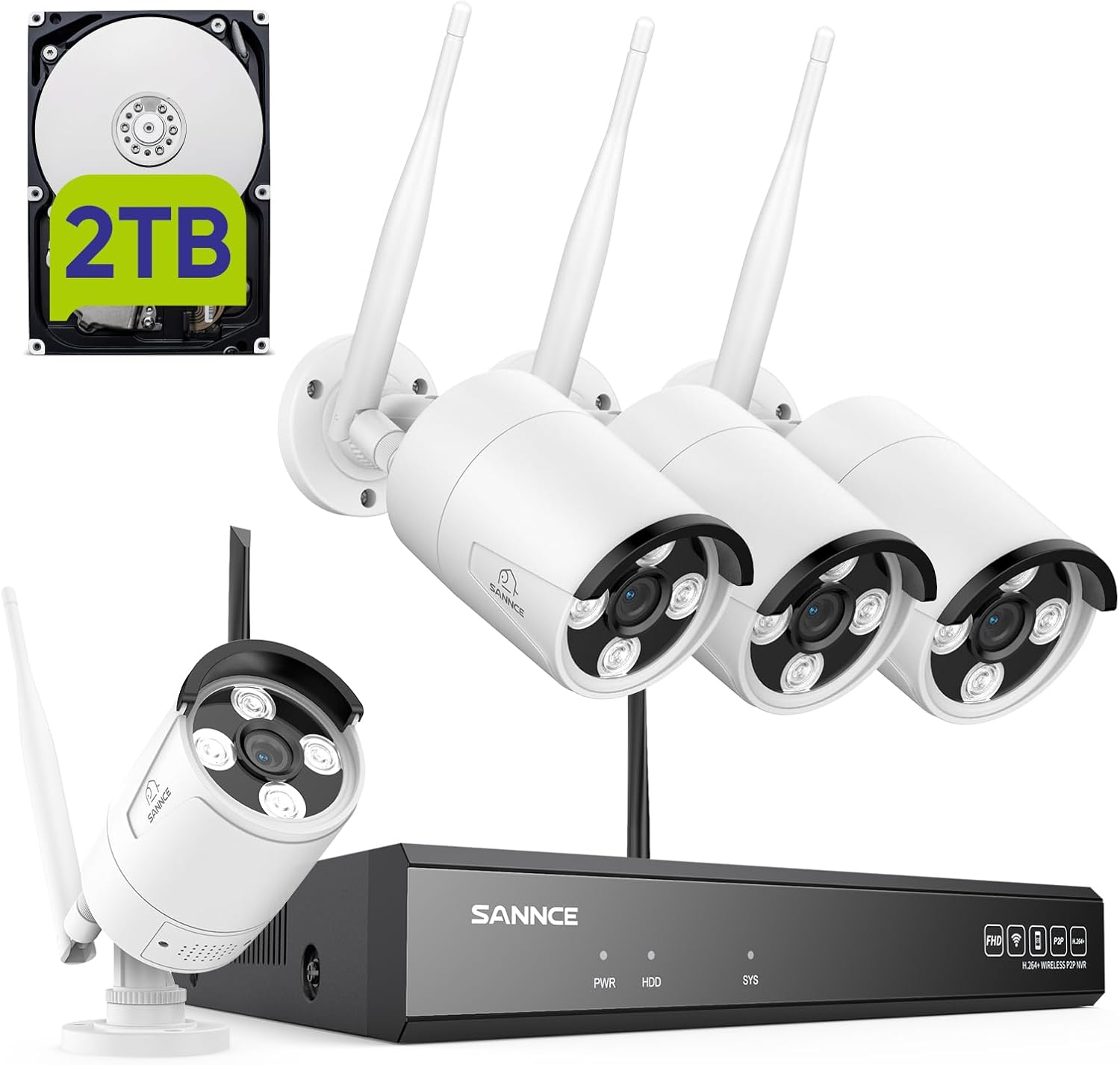 [8CH erweiterbar, 2K] SANNCE 5MP Wireless NVR Sicherheitssystem mit 4 Stück 3MP WiFi Überwachungskameras mit 2TB Festplatte für Innen AußenAI Menschenerkennung