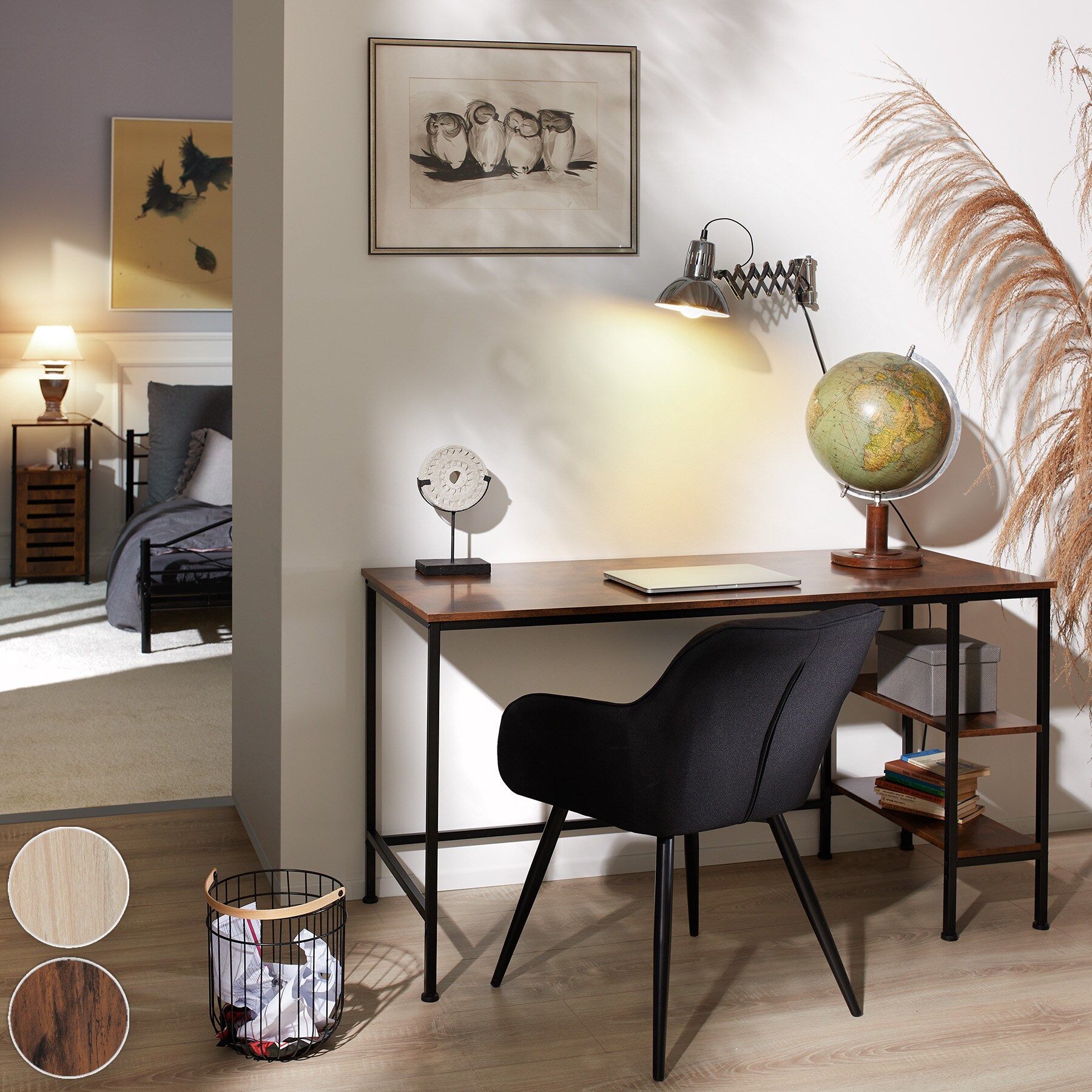 tectake® Schreibtisch, Industrial Style, Seitenregal mit 2 Ablagefächern rechts oder links, 140 x 60 x 76,5 cm