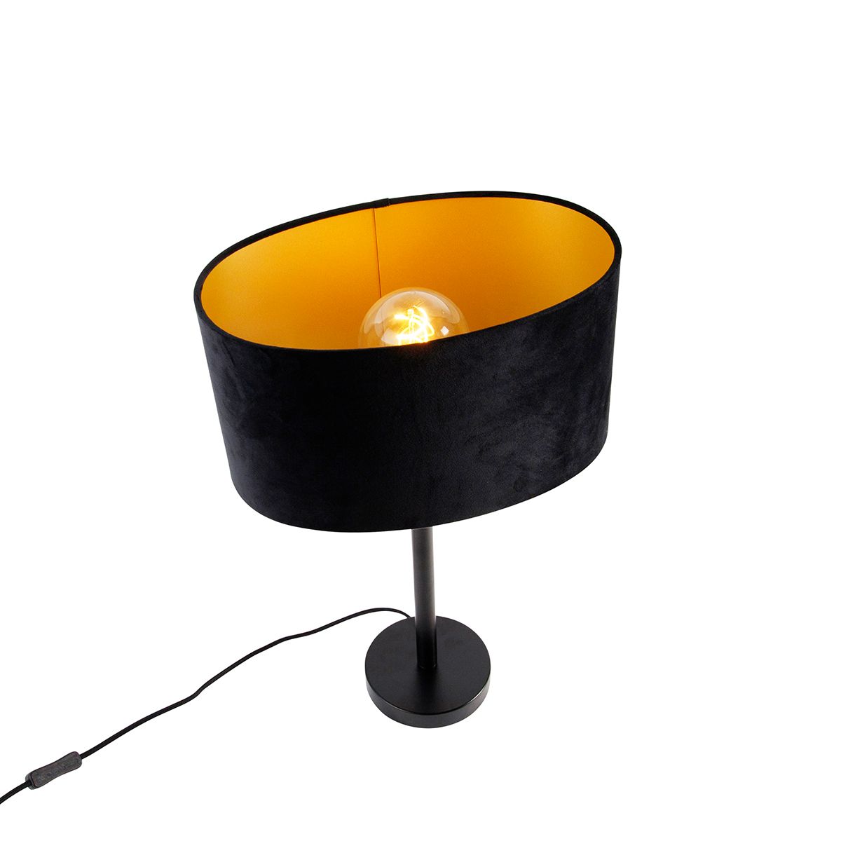 Tafellamp zwart met ovale velours kap zwart 35cm - Simplo