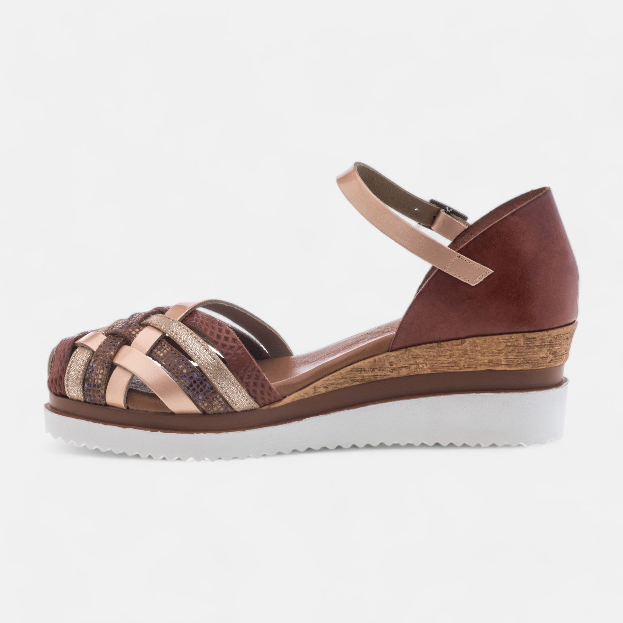 Sandales à talon compensé Femme en cuir cognac