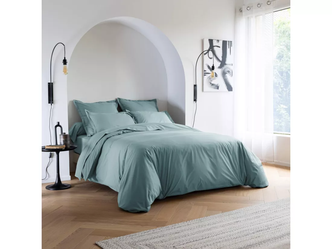 Parure de lit coton percale Bleu 200x200 - SOMEO - MORPHEE