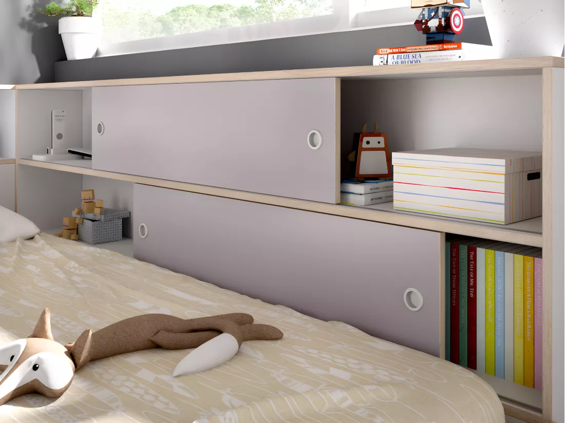 Lit gigogne avec rangements - 90 x 200 et 90 x 190 cm - Blanc et gris - LOSIANA