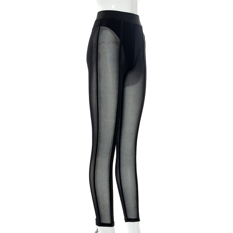 (Gr. S) Transparente High Waist Mesh Leggings Elastische Netz Stretch Hosen - Schwarz