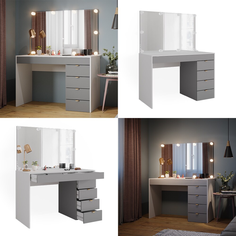 Vicco Schminktisch Elise Weiß Grau 115 x 76 cm modern Frisiertisch Schubladen Spiegel LED-Beleuchtung