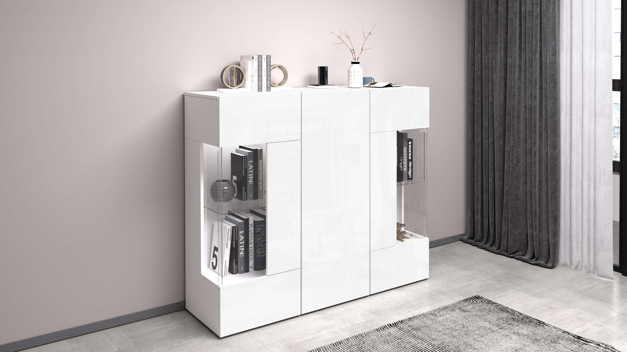 INOSIGN Highboard »Egypt, Highboard, Hochschrank, Hochkommode, Vitrine« mit 3 Türen davon 2 mit Glaseinsatz,kompl. Hochglanz lack.,Breite 135