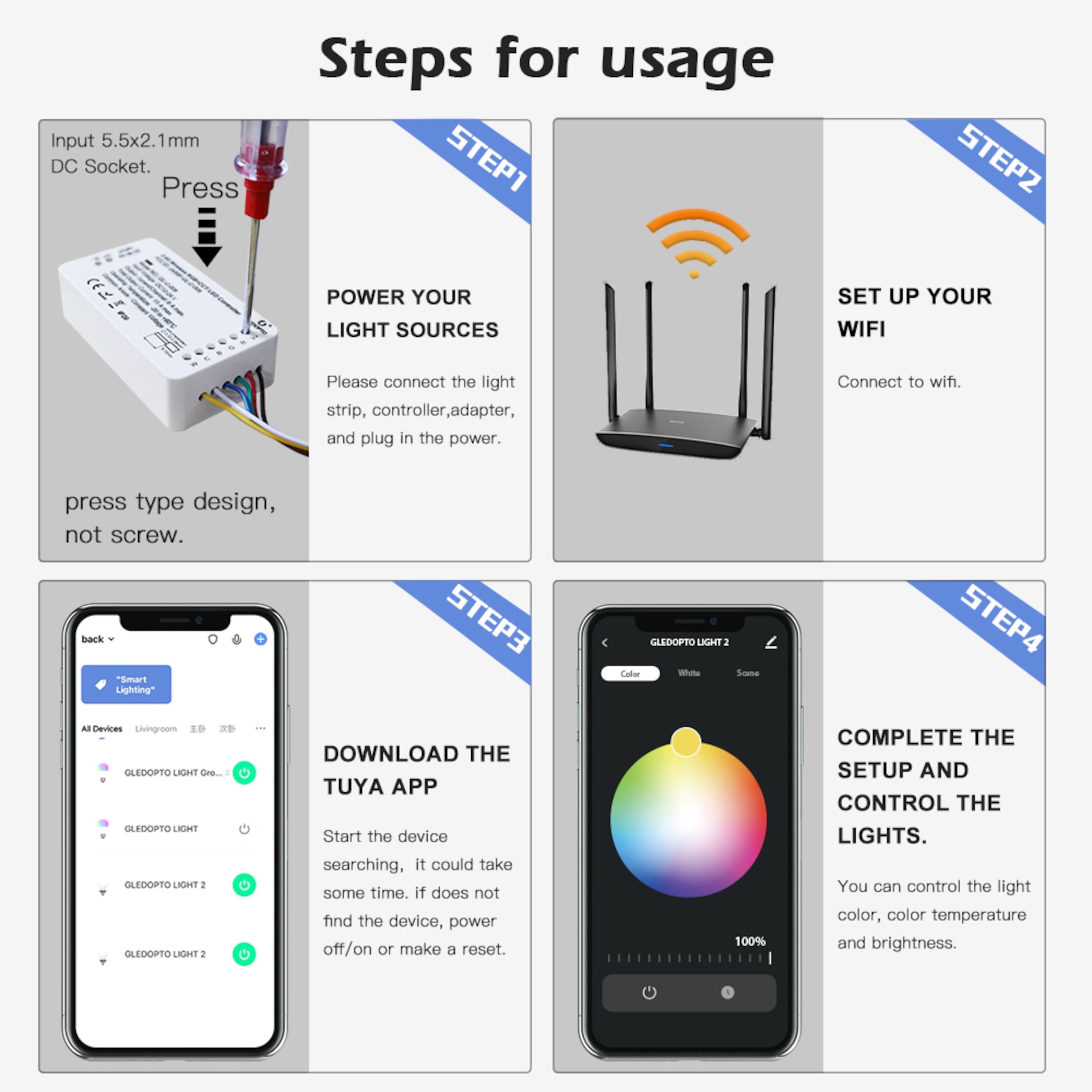 Gledopto RGB+CCT Wifi-kontroller for LED-list