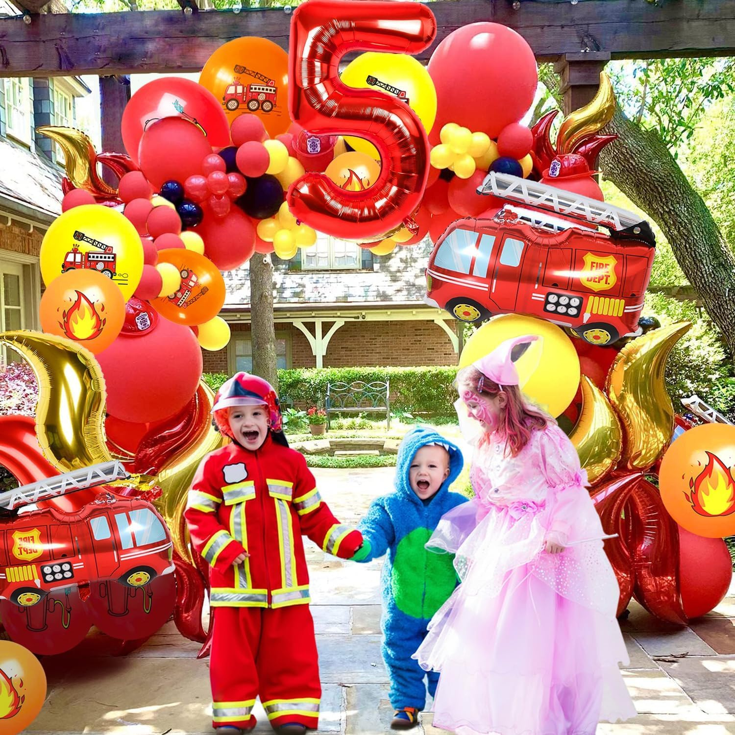 (21-tlg. Set) Zahlen Ballon Kinder Geburtstags Party Folienballon inkl. Latex Luftballons - Zahl 5 / Feuerwehr
