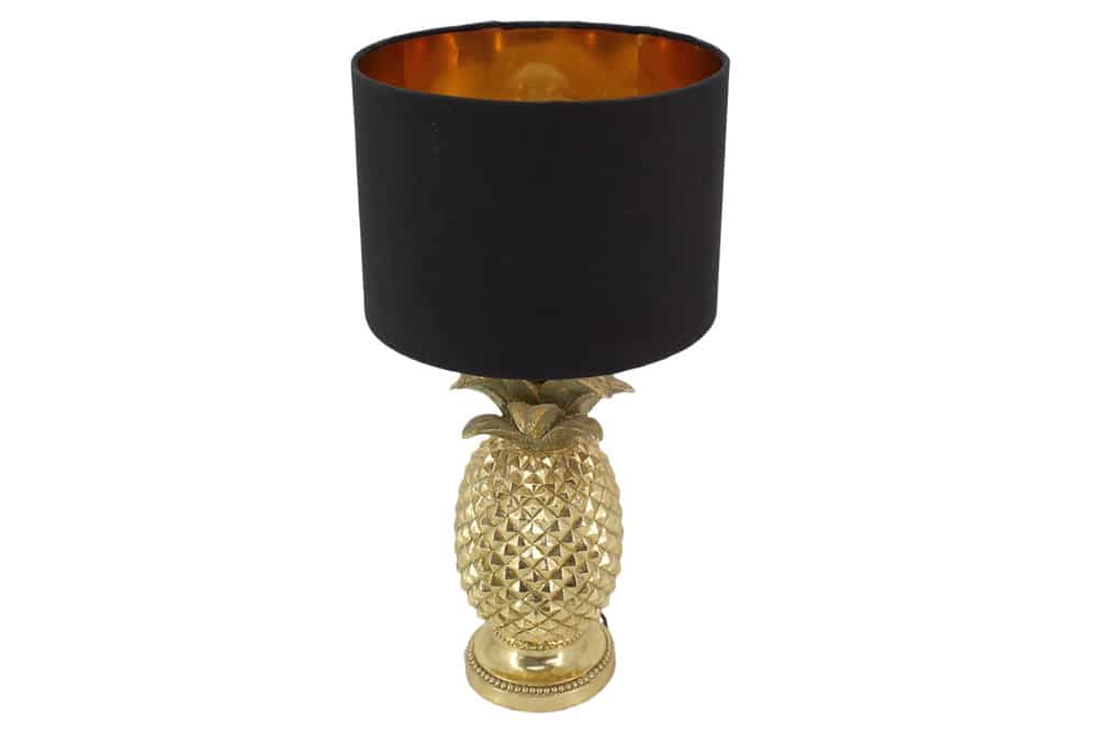 Handgefertigte Tischlampe PINEAPPLE 50cm gold schwarz Ananas-Design mit Stoffschirm