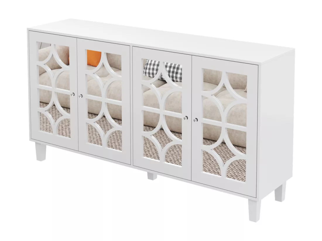 Buffet 160x40x85cm - avec 4 portes, poignées en cristal froid, stratifié mobile - pour salon et salle à manger - Blanc