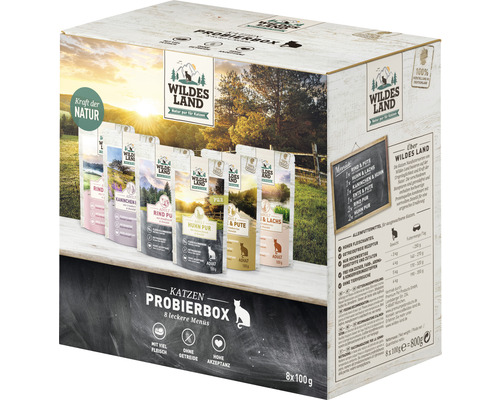 WILDES LAND natvoer voor katten, proefverpakking met 8 zakjes, multipack 8 x 100 g, vis, gevogelte, konijn, rund- en kalfsvlees met waardevolle superfoods, graanvrij, glutenvrij, 800 g