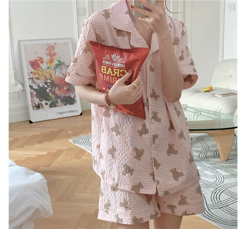 Gecko - Pyjamaset: Shirt met korte mouwen en berenprint + korte broek