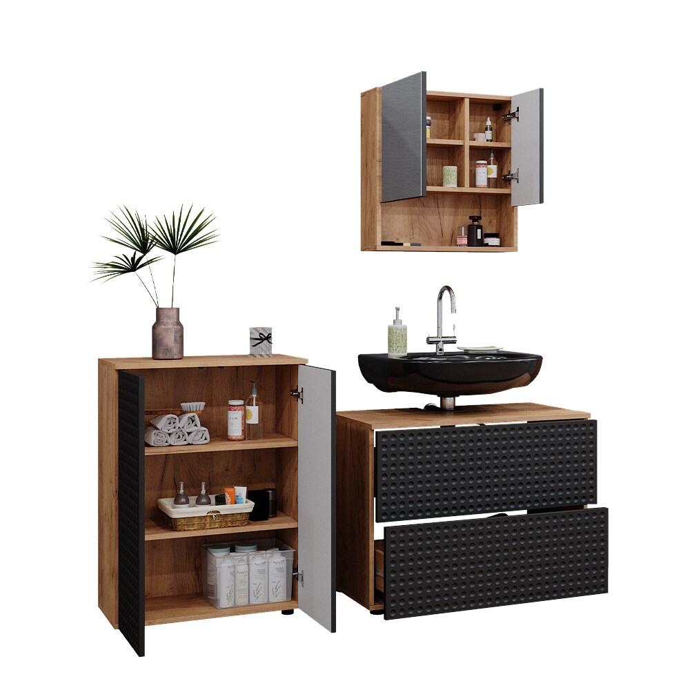Vicco Badmöbel-Set Irma Eiche Anthrazit 3-teilig Kommode Waschbeckenschrank 80 cm