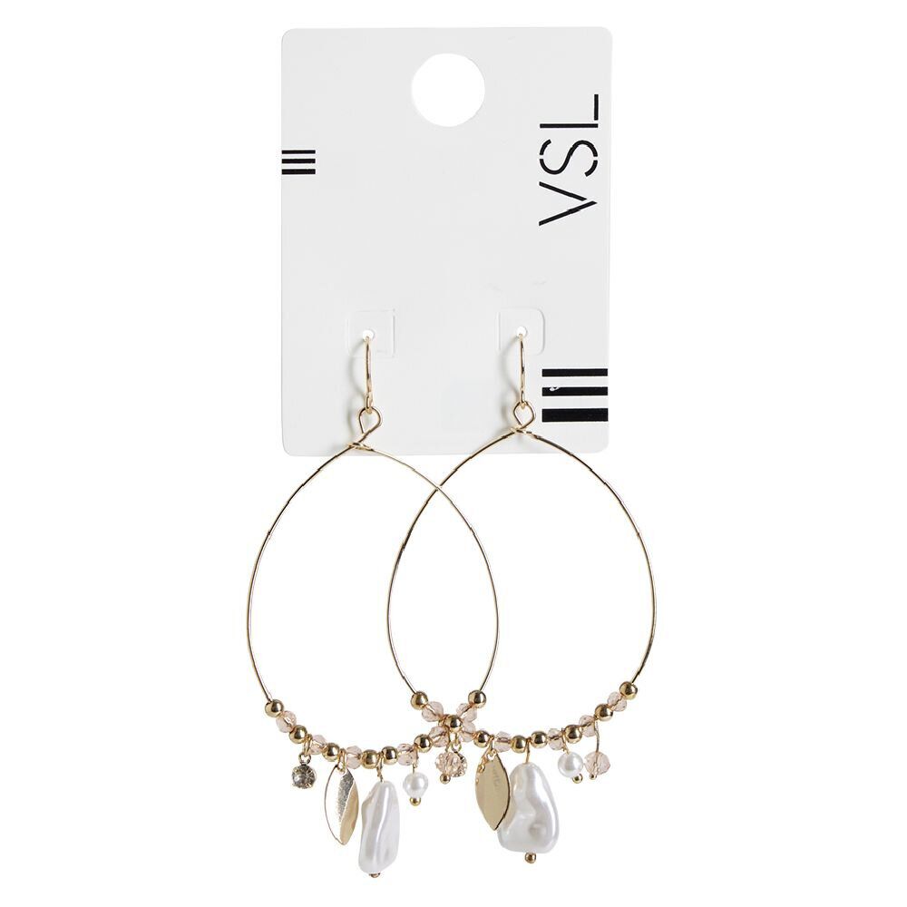 Paire de boucles d'oreilles créoles avec perles pampilles blanc et doré