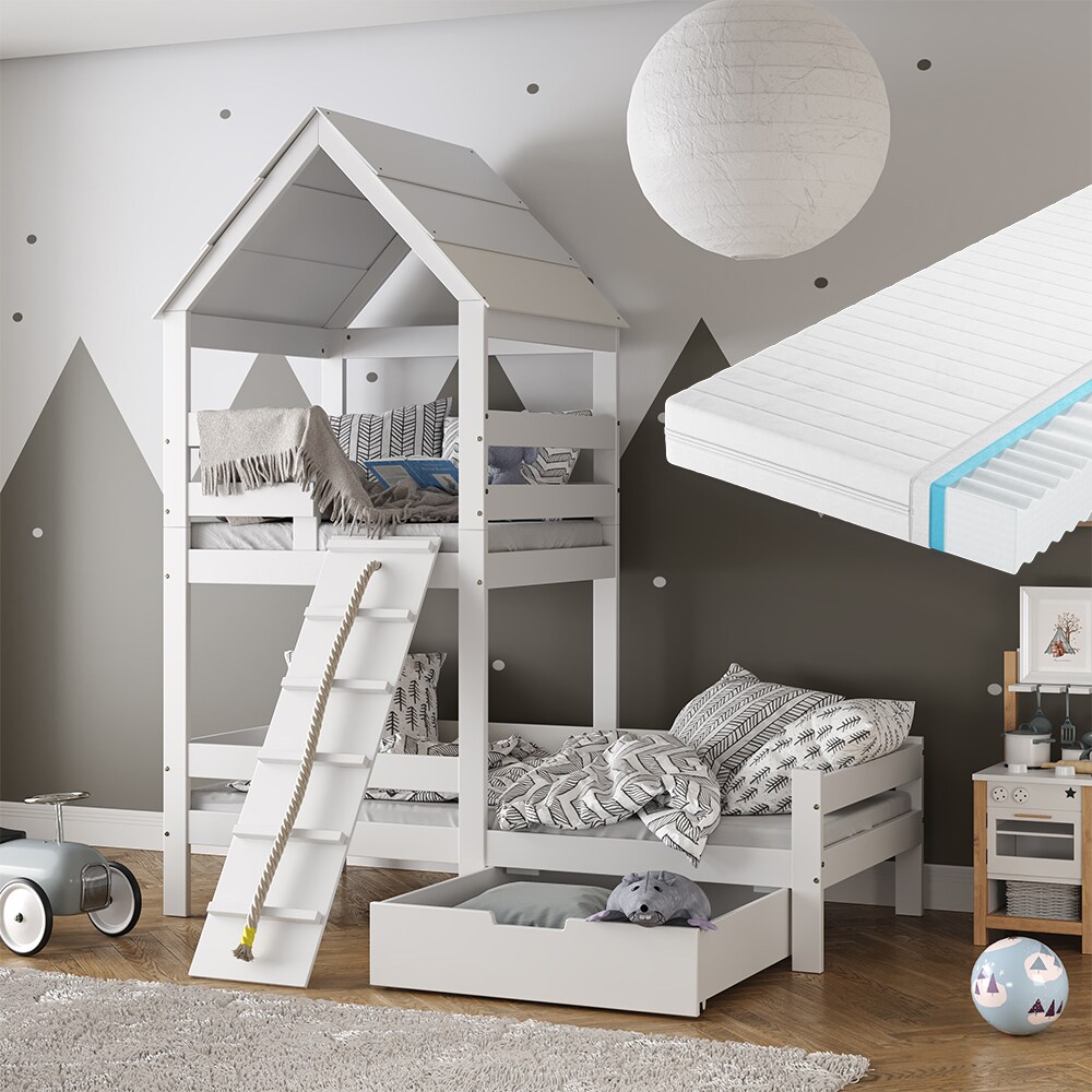 VitaliSpa Spielturmbett Kinderbett Spielbett Teddy Weiß modern 208x235 cm Massivholz Kinderzimmer Lattenrost Bett Schublade Matratze Abenteuerbett Kletterbett