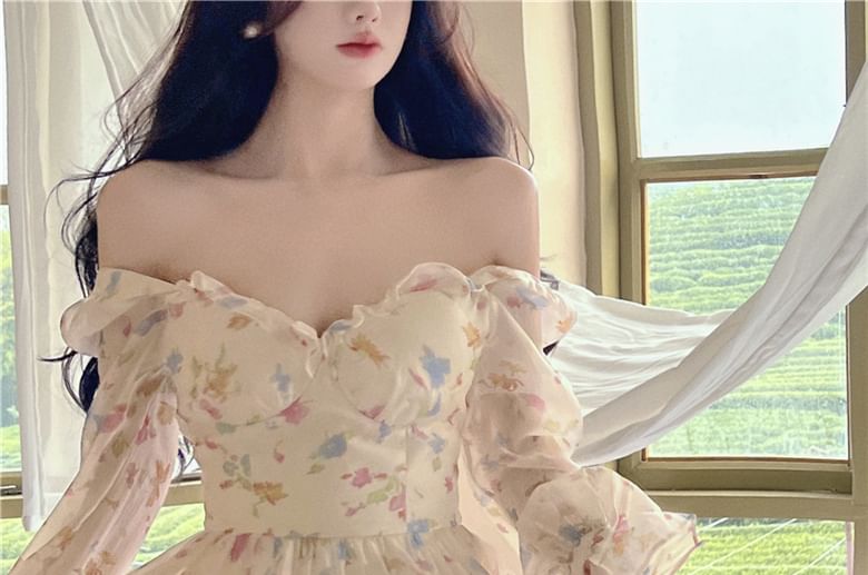 Alfie - A-lijn jurk met lange mouwen en off-shoulder bloemenprint